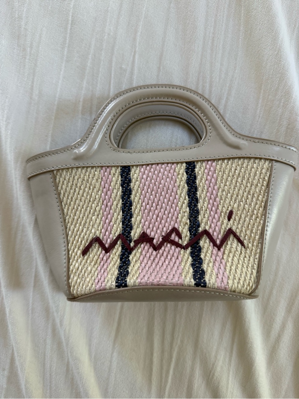 Marni Beige Leather Trim Woven Mini Tote with Pink and Navy Stripes